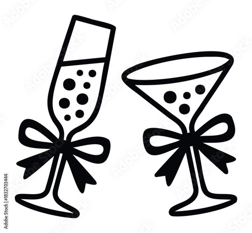 Two glasses of bubbly champagne with festive bows, perfect for celebrating holidays, events, and special occasions, available for use in greeting cards and party invitations.