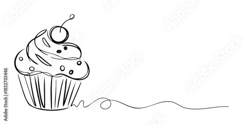 Simple sketchy black outline drawing of a frosted cupcake topped with a cherry, perfect for bakery menus and sweet treat invitations.