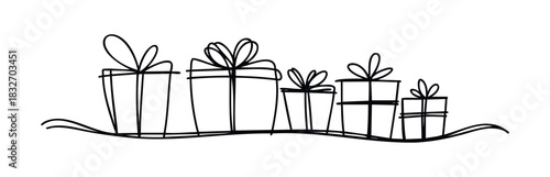 Line drawing of various gift boxes with bows, symbolizing celebrations and generosity, perfect for holiday themes and giftgiving occasions.