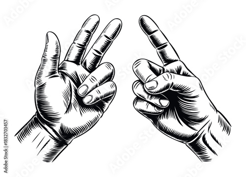 Engraved monochrome depiction of two hands, one displaying three raised fingers and the other a single raised finger, symbolizing counting or communication for use in informational graphics