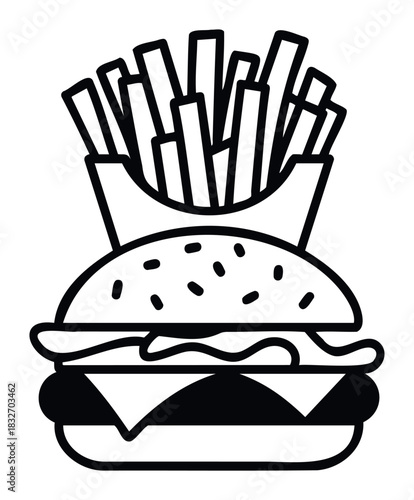 Classic American fast food combo icon featuring a juicy burger with cheese and fries in a red carton presented for fast food enjoyment and restaurant promotion.