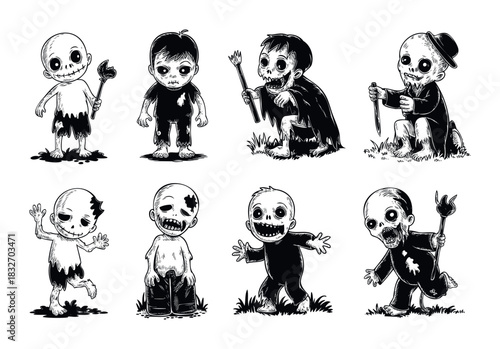 Spooky cartoon zombie characters set, depicting undead figures with torn clothing and eerie expressions, perfect for Halloween or horror themed projects.