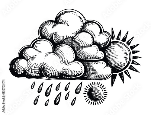 Hand drawn style weather symbol showing sun and rain clouds with raindrops and a smaller sun below, perfect for climate and forecast themes.