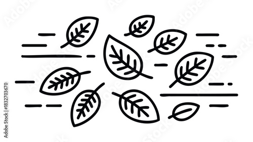Organic leaf icons and abstract dashes creating a natural, freeflowing composition suitable for eco themes and seasonal promotions.