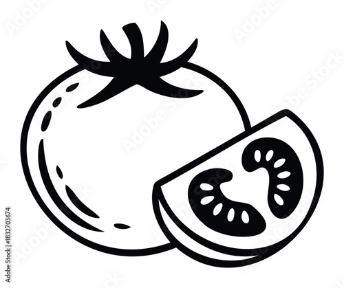 Black and white outline graphic of a whole tomato next to a sliced tomato revealing its seeds, perfect for food and cooking related media projects.