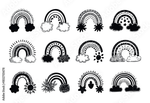 Collection of hand drawn whimsical rainbows with clouds, stars, and sun motifs, perfect for creating cheerful designs for kids apparel, nursery decor, and greeting cards.