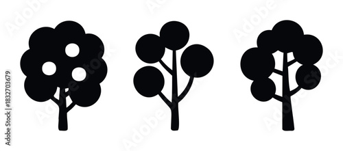 Set of three stylized black tree icons with round foliage shapes for nature, growth, or environmental concepts and applications