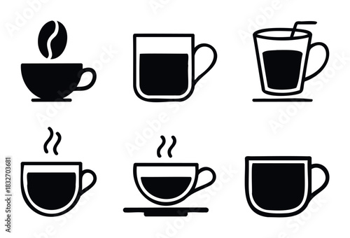 Set of six black coffee cup icons with different styles including bean, steam, straw, and saucer for beverage related concepts.