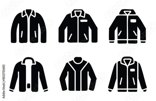 Collection of black outerwear icons depicting various jacket styles for apparel advertising and clothing design applications