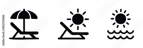 Collection of summer vacation icons featuring a beach chair under an umbrella, a lounge chair with sun, and sun over ocean waves for travel promotion and relaxation themes.