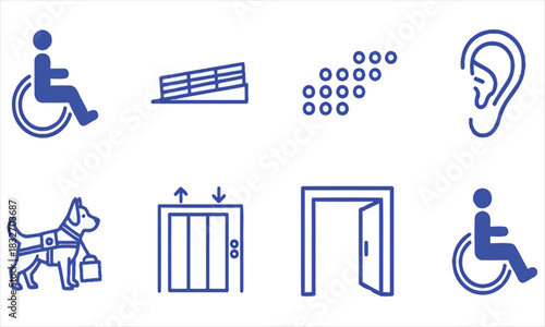 Collection of Accessibility and Assistance Icons Wheelchair User, Ramp, Elevator, Hearing Impaired, Service Dog, Open Doors, and More