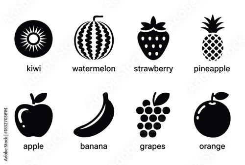 Collection of fresh fruit icons including kiwi watermelon strawberry pineapple apple banana grapes orange for healthy lifestyle and food related projects