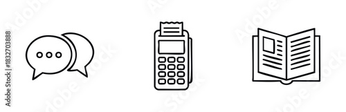 Set of outline icons representing communication, payment, and information for business or digital applications, useful for websites and presentations.