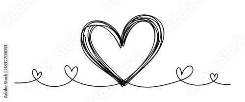 Abstract hand drawn line art heart shape with smaller hearts as a symbol of love and connection, perfect for romance greeting cards and romantic communication concepts.