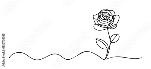 Minimalist single line drawing of a blooming rose with leaves on a wavy ground representing growth and nature for organic or floral themes.