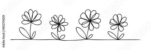 Hand drawn line art flowers in a row, representing growth and nature, perfect for floral decorations, springtime themes, and botanical projects.