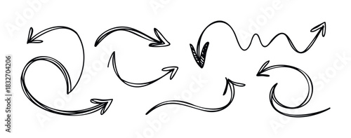 Hand drawn sketchy arrows pointing in various directions and curves suitable for informational graphics and directional cues in presentations and web use
