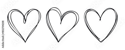 Hand drawn simple outline hearts symbolizing love and affection, perfect for romance or relationship themed projects and graphic design.