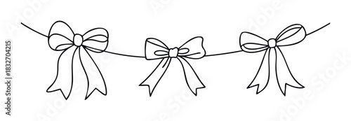 Delicate line art garland of three festive bows strung on a thin cord for celebratory decorations and party event invitations