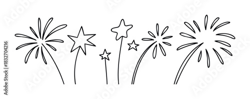 Whimsical hand drawn fireworks and stars for celebration and party visuals, perfect for festive occasions and holiday greetings.