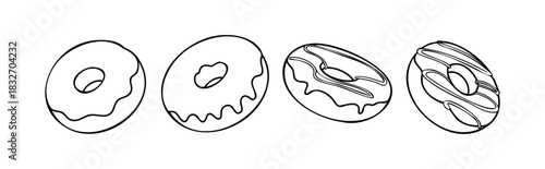 Black and white line drawings of donuts with varied toppings and glazes, perfect for baking, food service, and sweet treat related marketing materials.