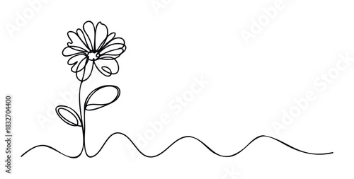 Minimalist single line drawing of a delicate flower with flowing stem and wavy ground line perfect for organic branding and botanical themes