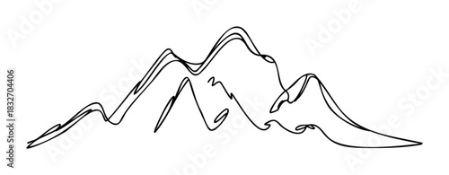 Minimalist single line drawing of rugged mountain peaks, perfect for adventure branding, travel promotions, or outdoor themed graphics and designs.