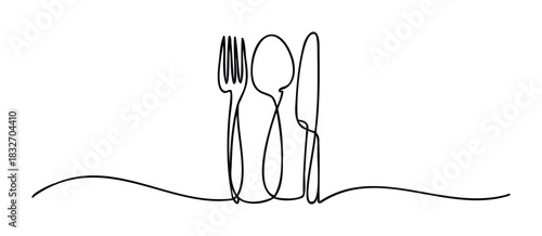 Minimalist continuous line drawing of fork spoon and knife suggesting dining food and restaurant service for culinary themes and social media