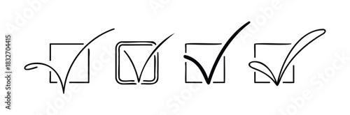 Collection of four different handdrawn checkmark symbols within boxes suitable for task completion confirmation and progress tracking in surveys or lists