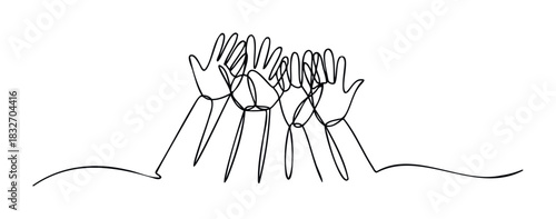 Unity of hands connected in a single line drawing, symbolizing teamwork, collaboration, and togetherness, perfect for celebrating community and shared purpose in presentations and media