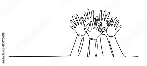 Multiple raised hands in continuous line drawing style symbolizing teamwork, community, and support, ideal for concepts of unity and collaboration in projects and presentations.