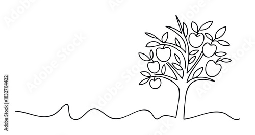 Minimalist black line drawing of an apple tree laden with fruit, evoking natural growth and organic themes for health or farm related projects.