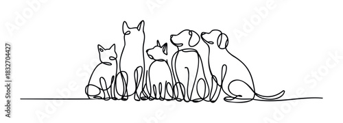 Group of dogs and cat in continuous line drawing style, perfect for petrelated websites, animal care services, or cute stationery and giftware applications.