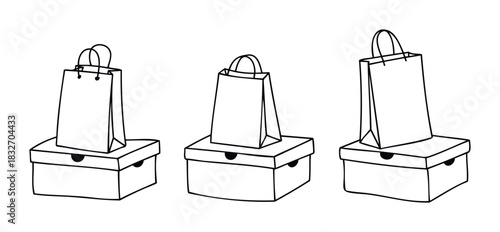 Three shopping bags resting on boxes, simple outline style, suitable for retail and gifting promotions and visual communication.