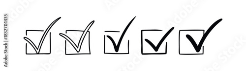 Hand drawn check marks within squares represent task completion and successful choices for to do lists and project management in a simple monochrome visual.