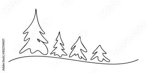 Minimalist continuous line drawing of pine trees on a gentle slope, perfect for winter holiday greetings and natural scenery themes.