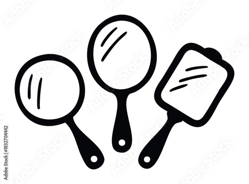 Three different handheld mirrors with handles including round oval and square shapes in black outline for beauty and personal grooming concepts.