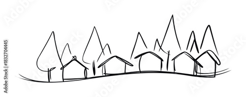 Simple handdrawn sketch of a village with stylized trees and houses on a wavy horizon line, perfect for representing community, real estate, or cozy neighborhood themes in graphic projects.