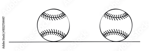 Two classic baseballs with stitching rest on a simple horizontal line, perfect for sports, games, and athletic concepts