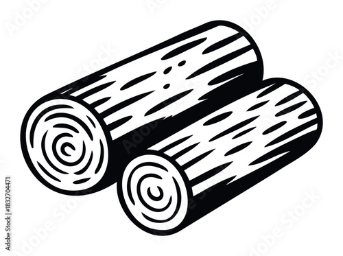 Black and white graphic representation of two logs with visible growth rings, suitable for rustic themes, forestry concepts, or natural material visuals in graphic projects.