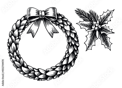 Traditional Hand Drawn Wreath with Bow and Holly Sprig Emblematic of Winter Holidays, Festive Decorations and Seasonal Celebrations, Perfect for Greeting Cards and Festive Marketing