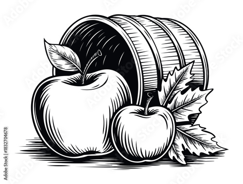 Vintage wood barrel with fresh apples and leaves in a classic woodcut style perfect for harvest or fall season themes and food product promotions.