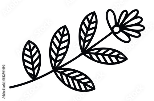 Simple black line art floral branch with leaves and a daisylike flower for nature and botany themed media usage