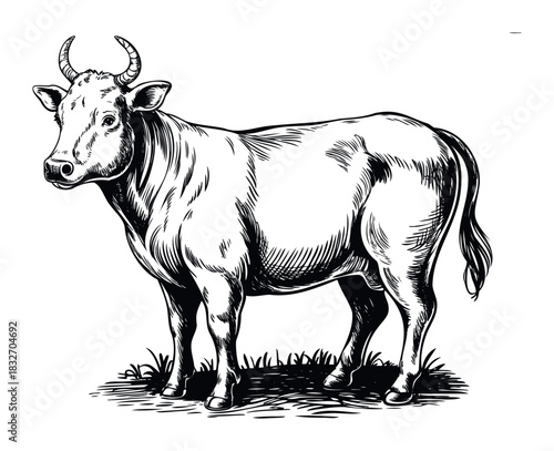Detailed black and white line drawing of a majestic cow standing in grass, perfect for farm, agriculture, and livestock related projects.