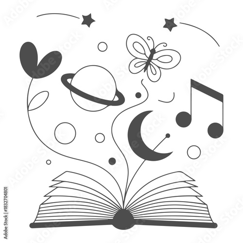 an open book with music notes and stars