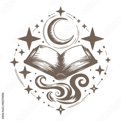 an open book with a crescent moon and stars on it