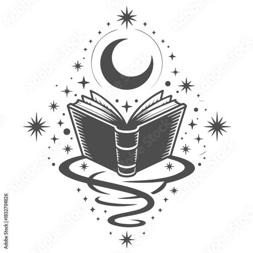 an open book with a crescent moon and stars on it