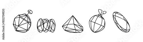 Collection of geometric and organic shapes with wireframe structures, suitable for abstract backgrounds and modern graphic assets