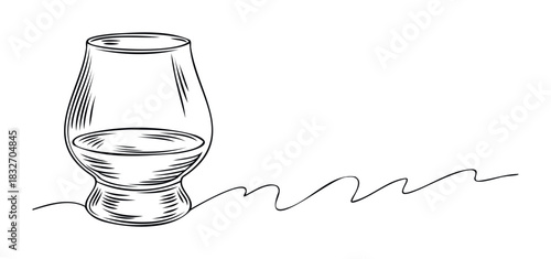Minimalist line drawing of a glass of liquor on a white background with wavy lines, perfect for showcasing beverages and celebratory occasions in modern promotions.