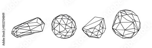 Set of abstract geometric crystal shapes and abstract polyhedral forms in black line drawings for modern abstract graphic presentations.